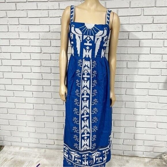 navy macaw embroidered maxi dress Navy Long Sleeve High Neck Floral Beaded A-line Mesh Gown main image 0